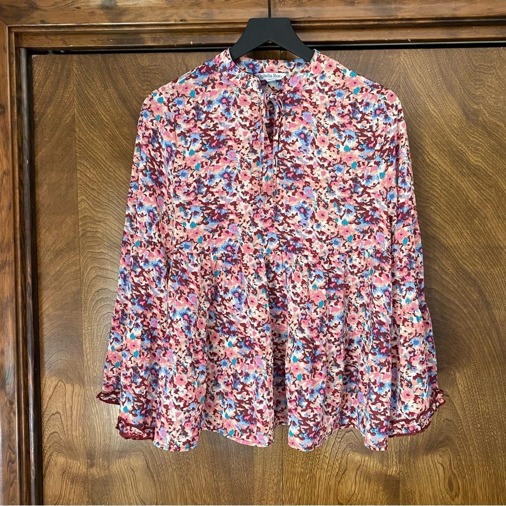 NWOT Ophelia Roe Small Floral Peasant Boho Hippie Indie Bell Long Sleeve Blouse